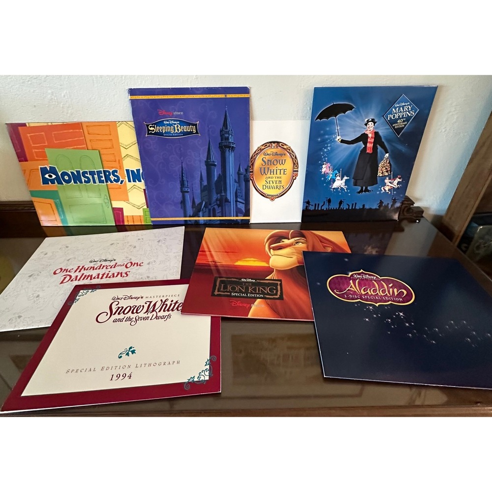 8 Disney Store Exclusive Lithograph Lot Snow White Aladdin Lion King Monsters
